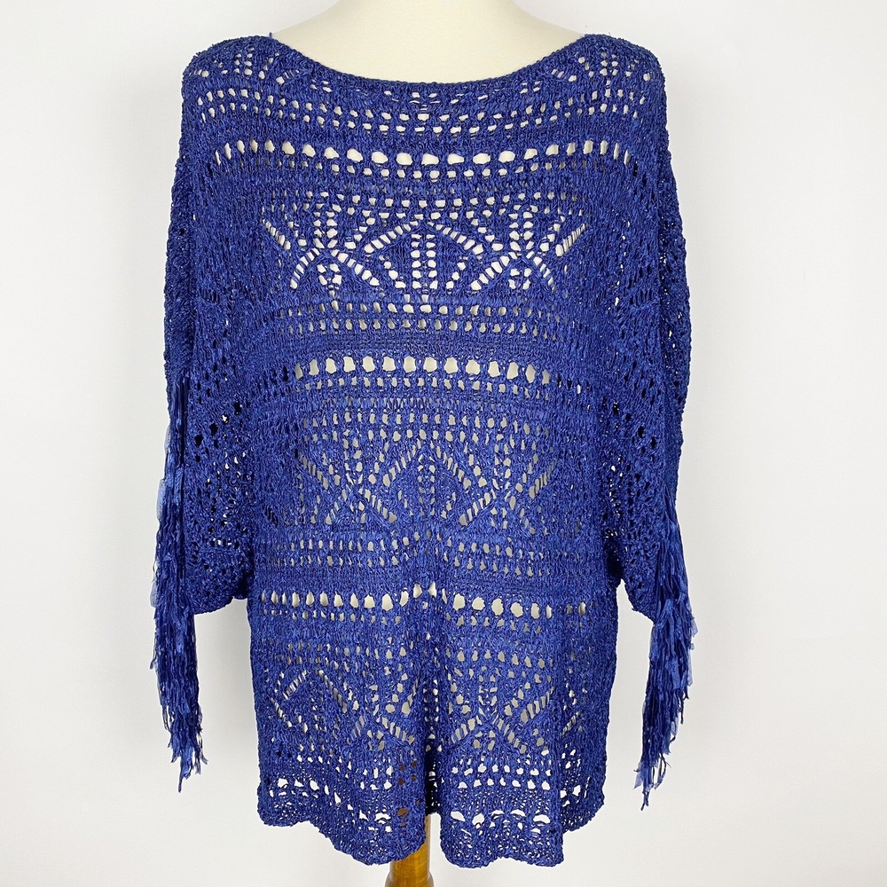White House Black Market Crochet Fringe Kimono Ponchho Sweater Womens M‎